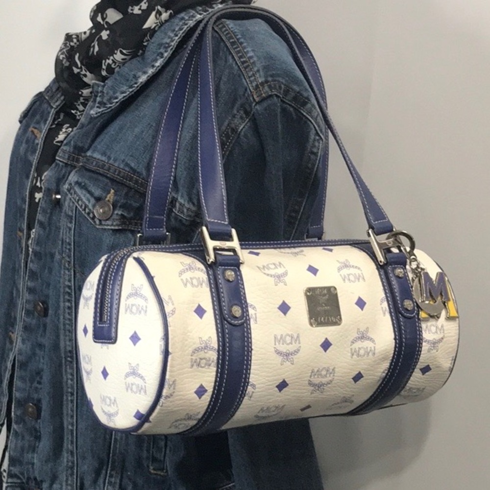 Authentic MCM White & Blue Leather Shoulder Bag